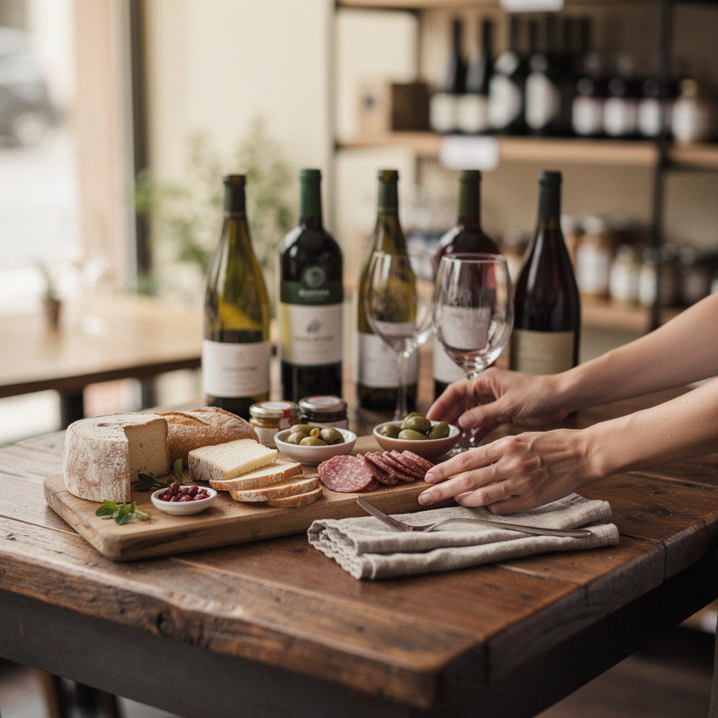 Stella's Modern Pantry cafe interior showcasing warm ambiance, gourmet goods, and wine selection in downtown Ocala